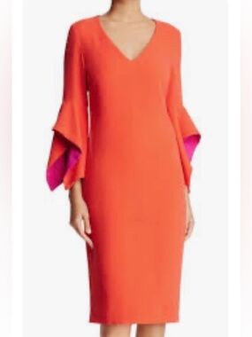 Badgley Mischka Orange V-Neck Midi Dress Purple Sleeve Accents. Size‎ 10.  NWT.
